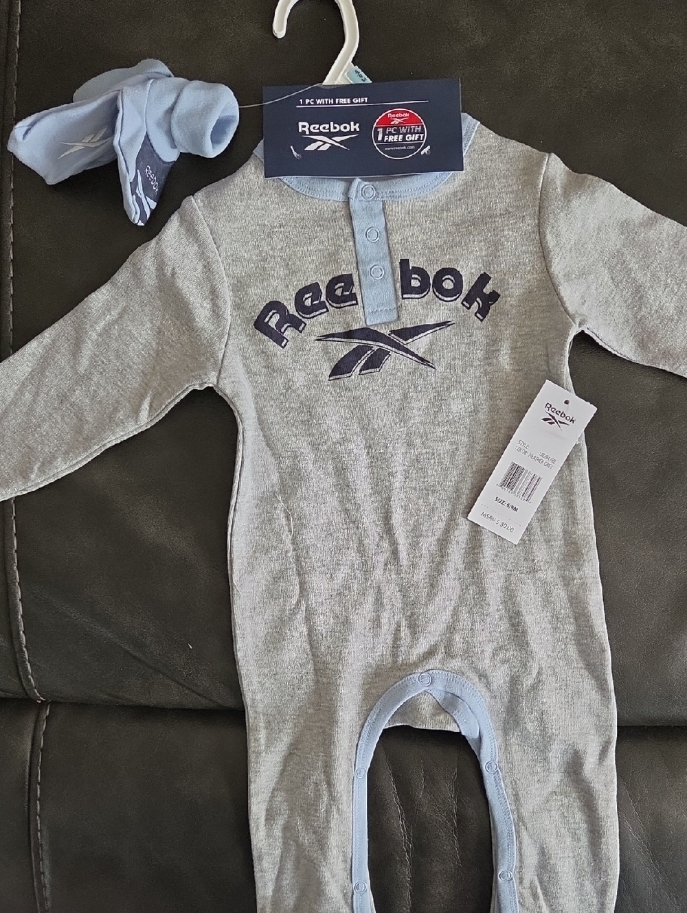 NWT Reebok Grey One-Piece with Light Blue Trim & Navy Logo